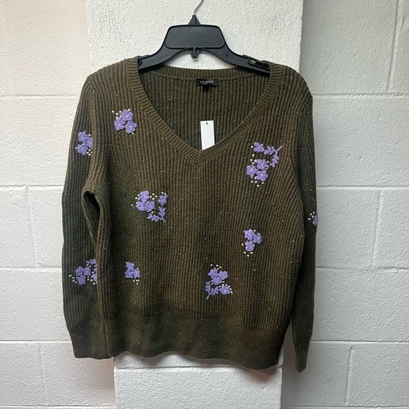Talbots Olive V-Neck Sweater with Purple Floral Design - Picture 3 of 7